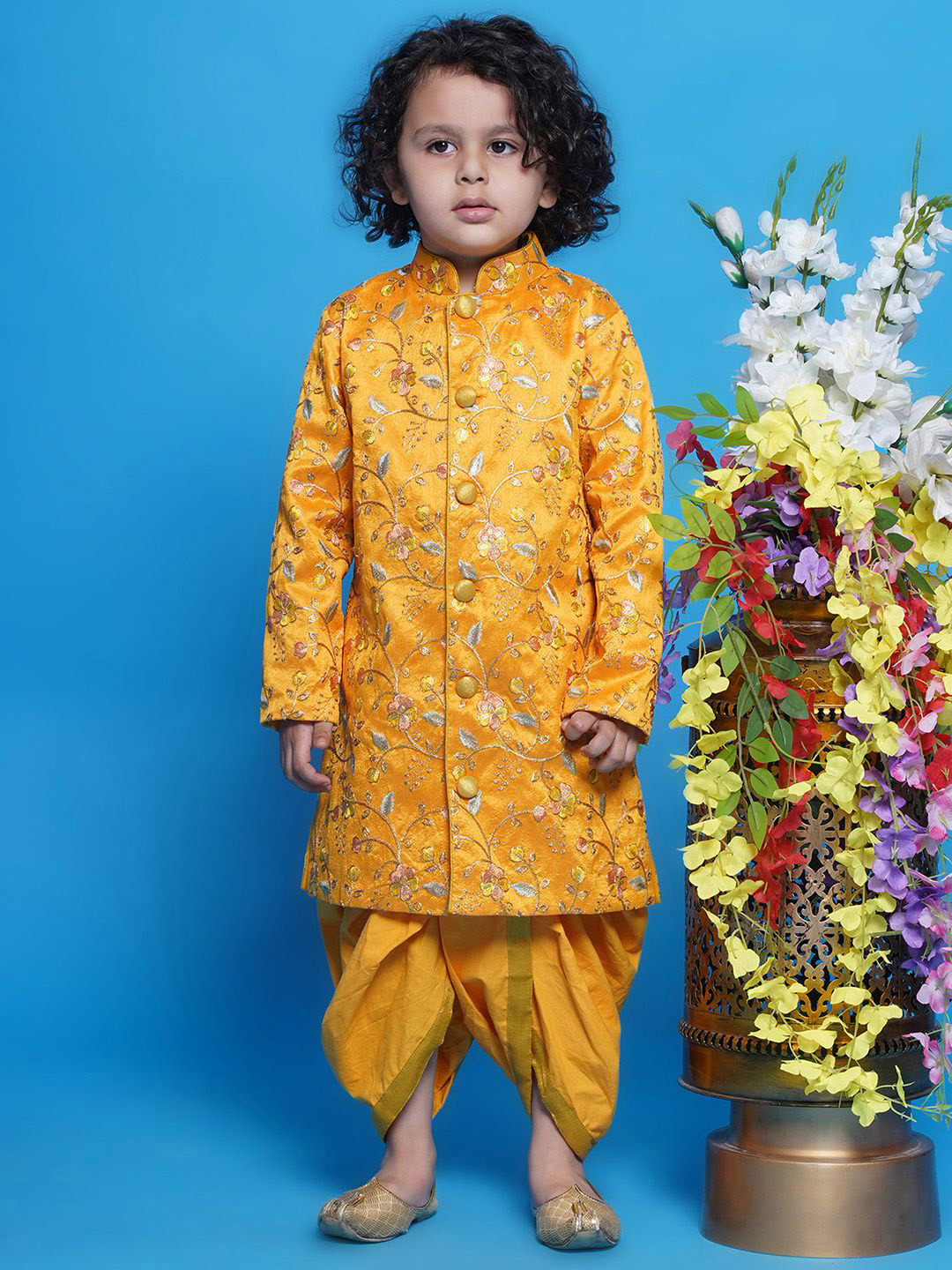 

Little Bansi Boys Embroidered Sherwani Set, Yellow