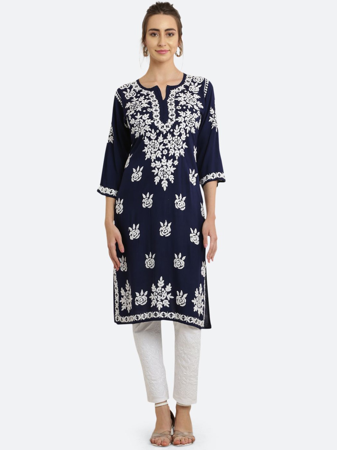 

FAWOMENT Floral Embroidered Notch Neck Lucknow Chikankari Straight Kurta, Blue