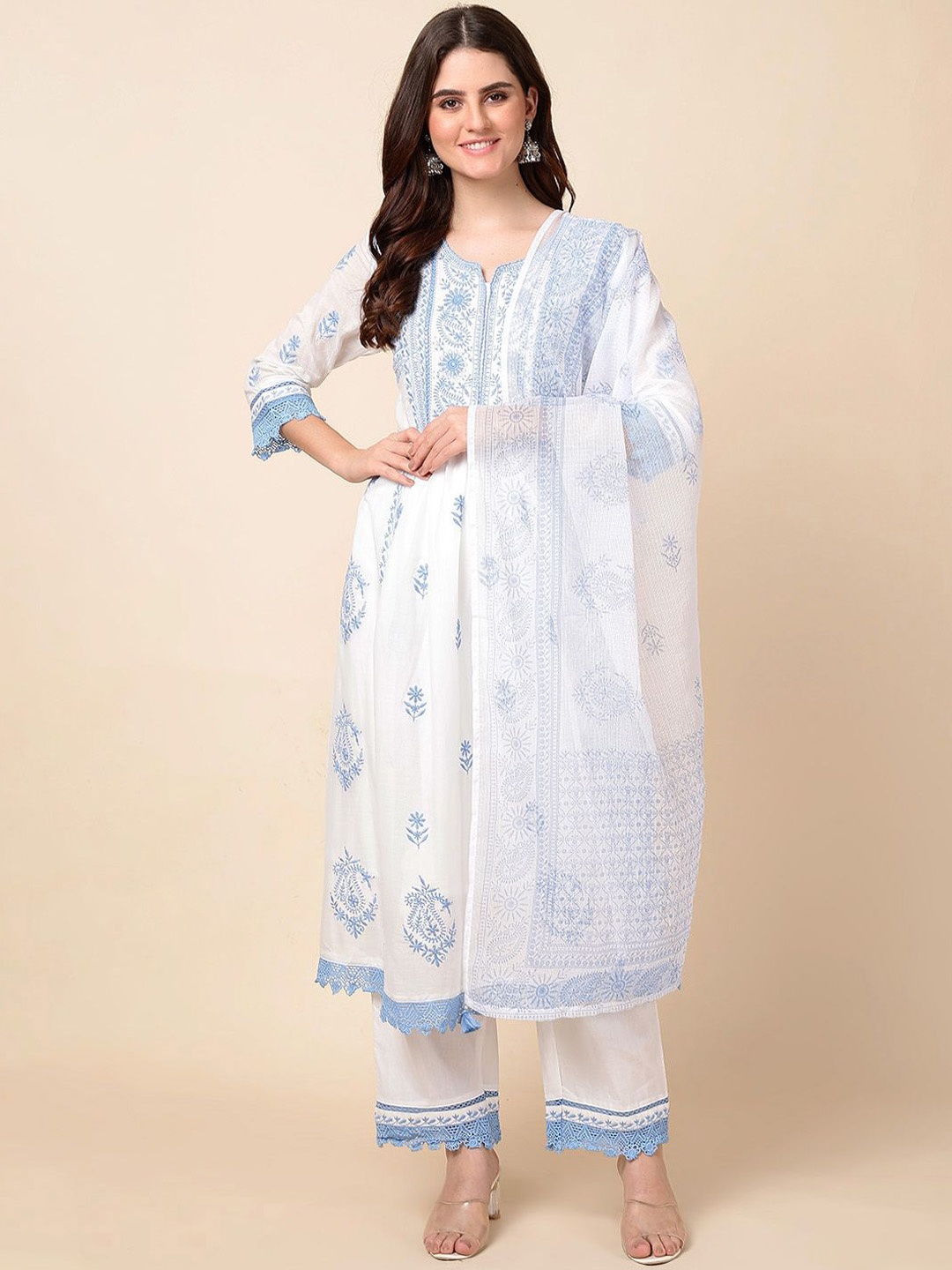 

Meena Bazaar Ethnic Motifs Printed Anarkali Kurta with Trousers & Dupatta, White