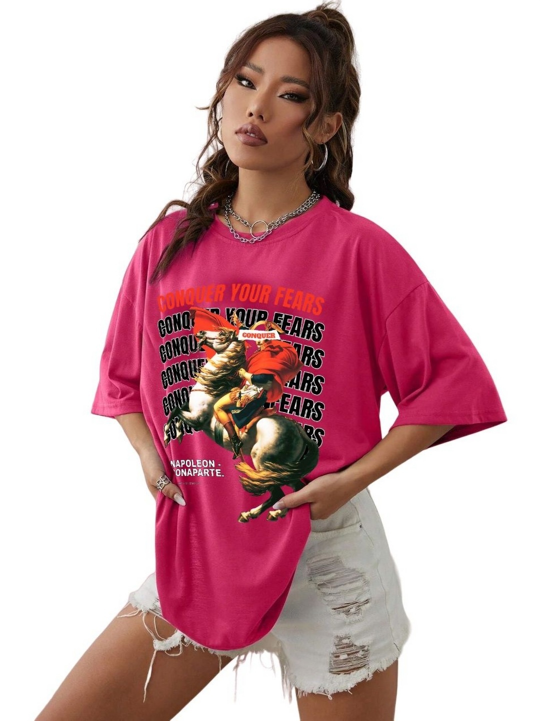 

TABADTOD Women Typography Printed V-Neck Drop-Shoulder Sleeves T-shirt, Pink