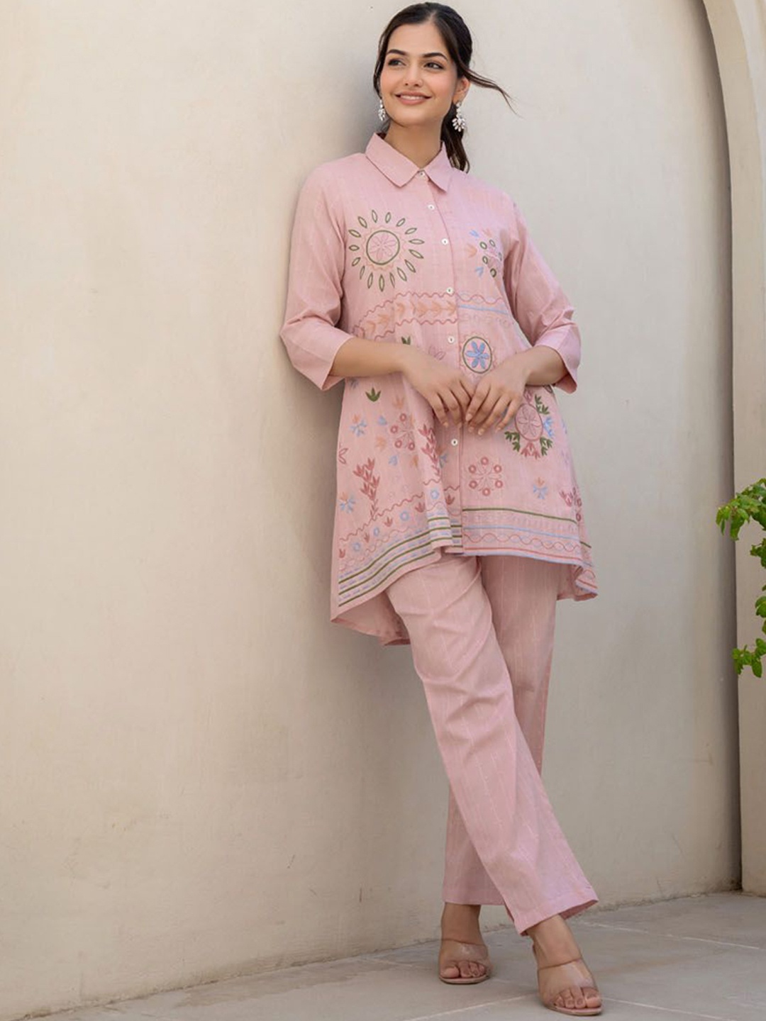 

FASHION DWAR Embroidered Pure Cotton Tunic & Trousers, Peach