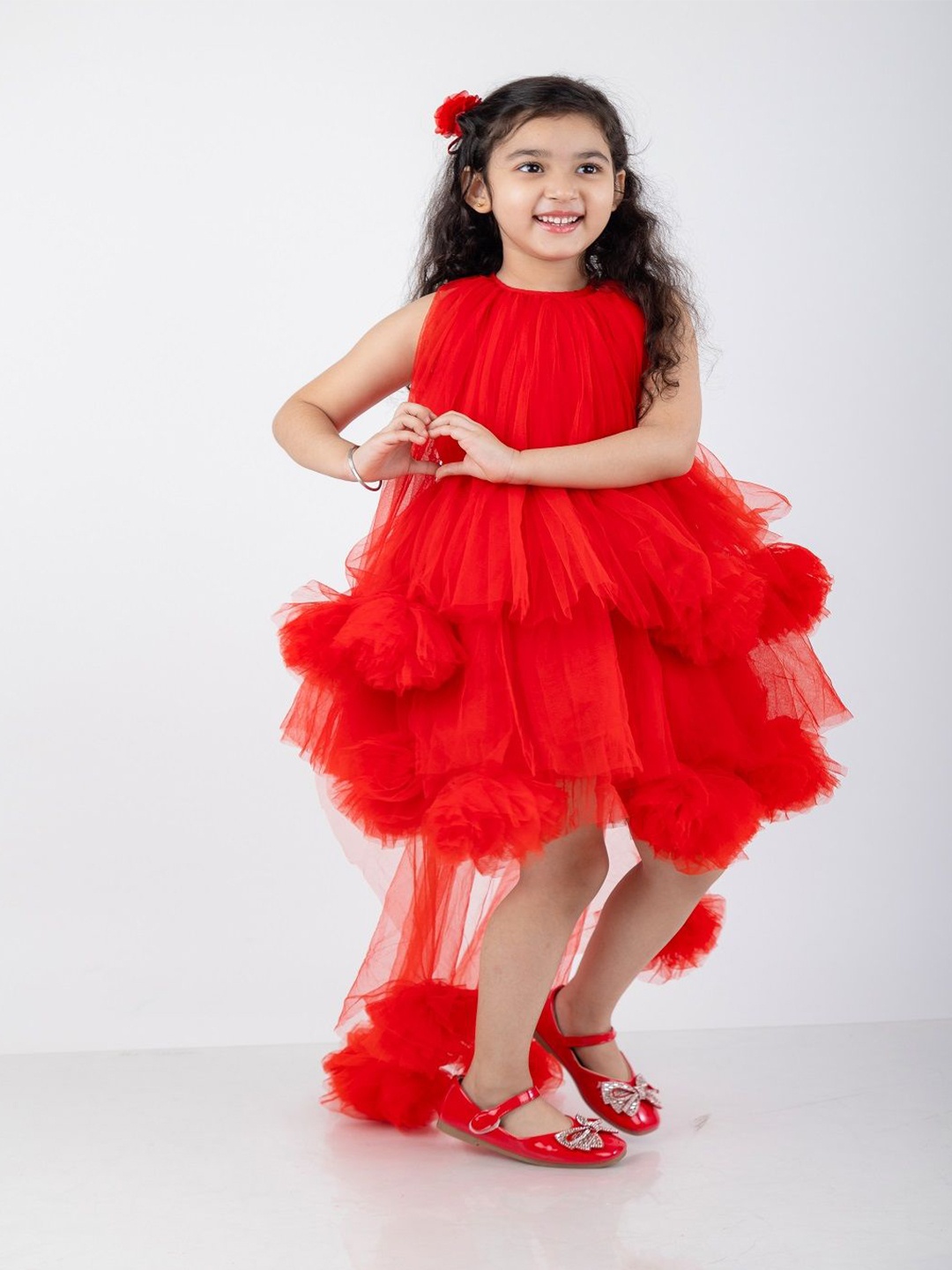 

THE LITTLE CELEBS Girls Net A-Line Midi Dress, Red