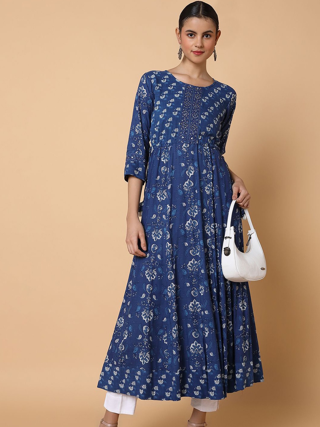 

SHOWOFF Floral Printed Round Neck Sequinned Cotton Anarkali Kurta, Blue