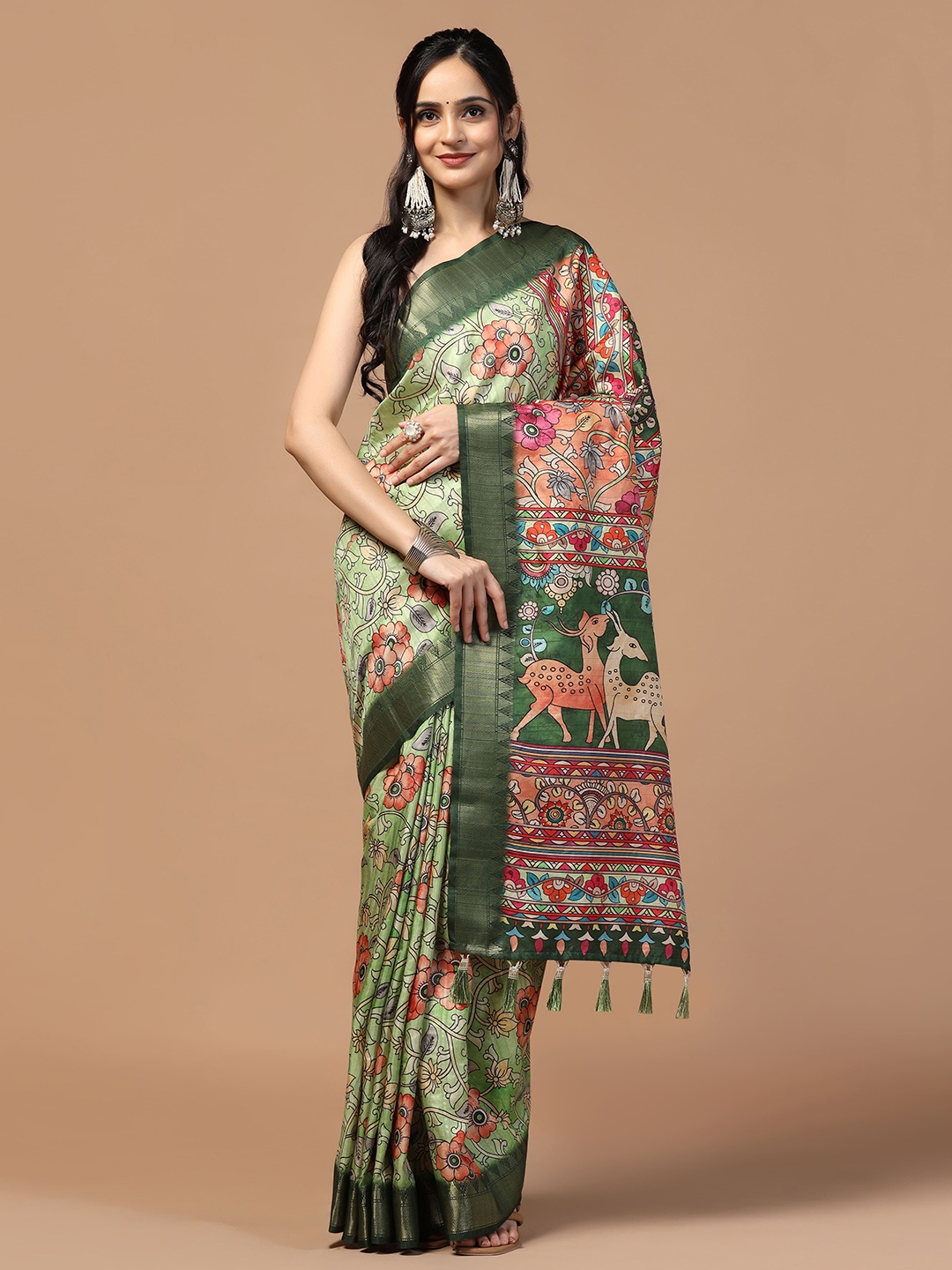 

Kaizen TEXO FAB Ethnic Motif Zari Woven Tussar Saree, Olive
