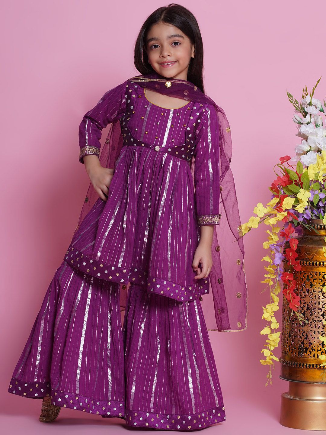 

Little Bansi Girls Striped Pure Cotton Kurta With Sharara & Dupatta, Purple