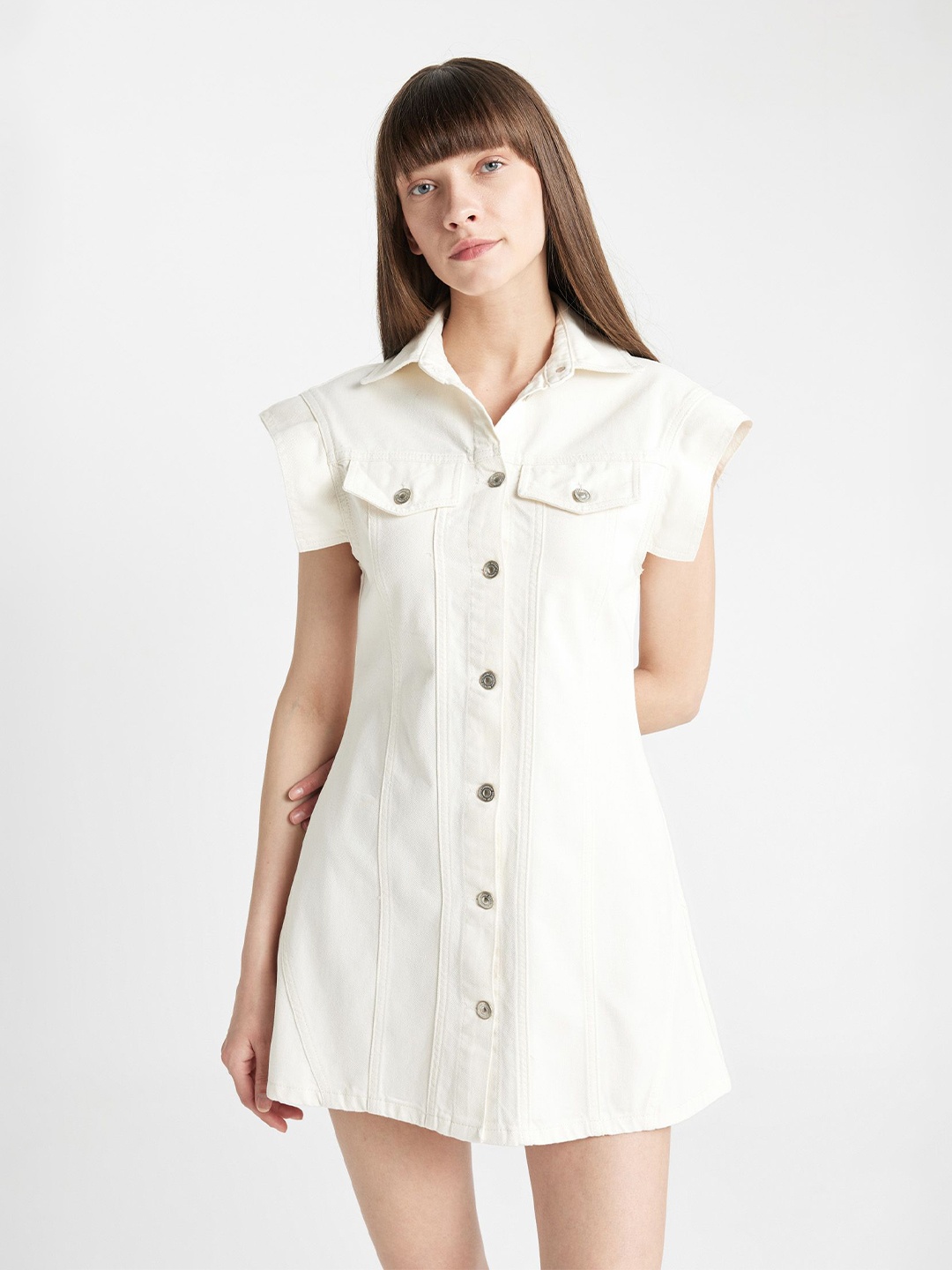 

DeFacto Shirt Collar Solid Shirt Mini Dress, White