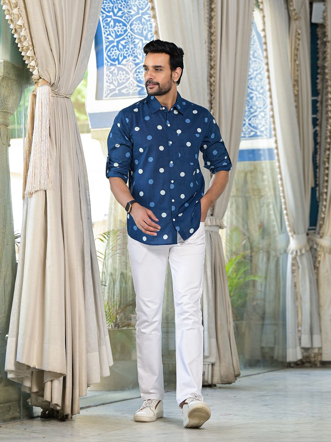 

AKS Men Spread Collar Polka Dots Printed Indigo Cotton Casual Shirt, Blue