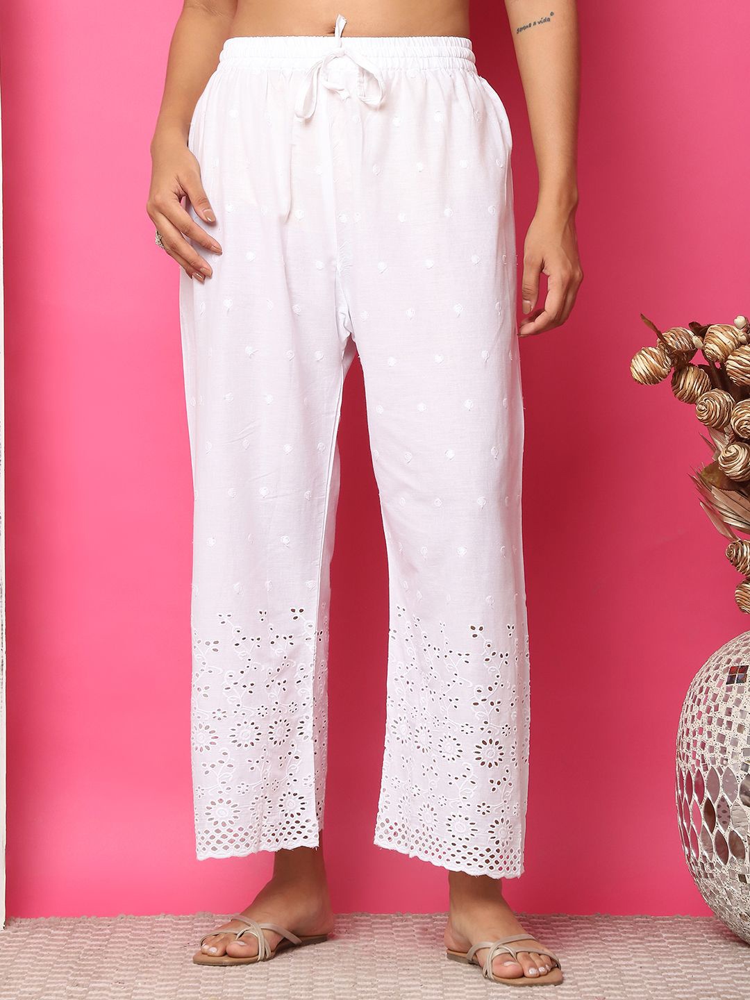 

TAG 7 Women Flared Cotton Schifflie Ethnic Palazzos, White