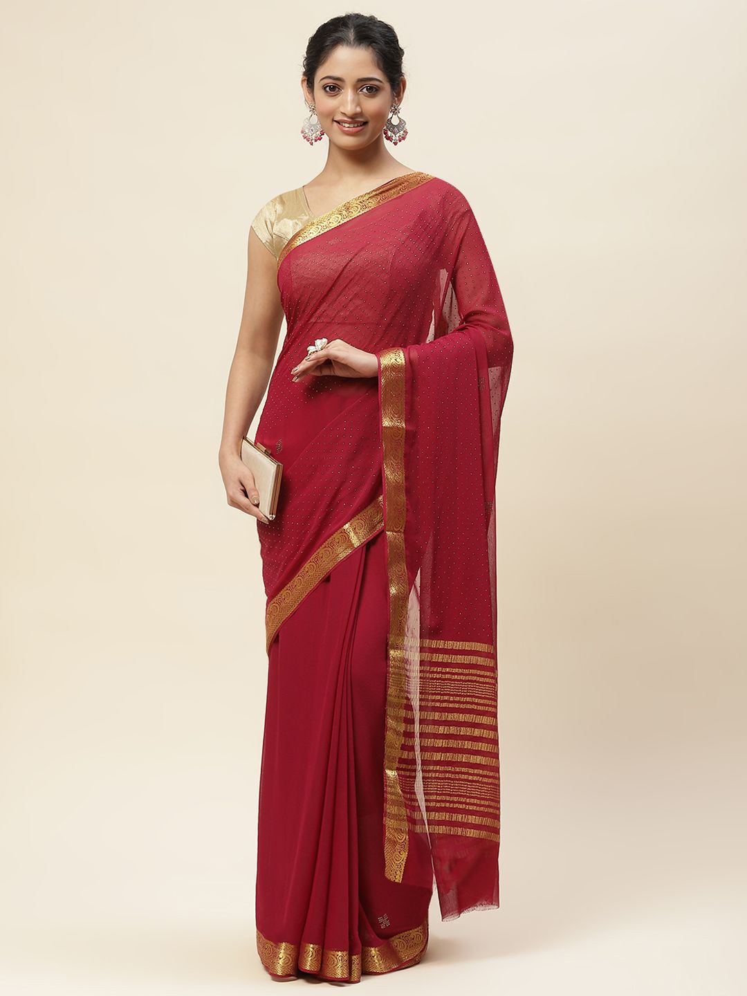

Meena Bazaar Zari Woven Embellished Saree, Burgundy