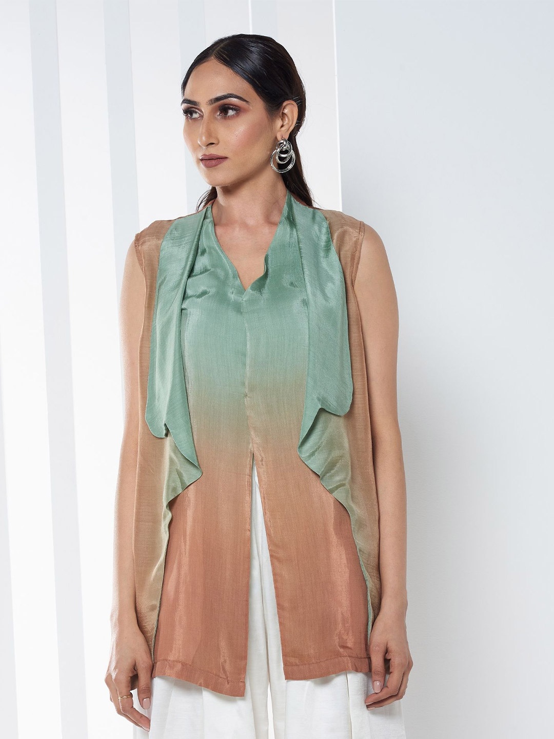 

SEVENDC Striped Mandarin Collar Cotton Top, Green