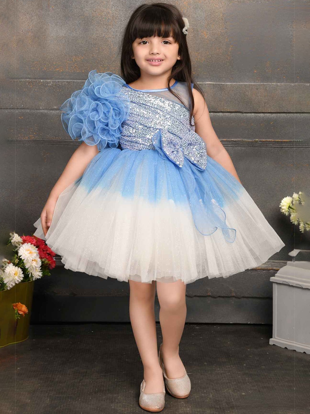 

Lagorii Girls Flutter Sleeve Net Fit & Flare Dress, Blue