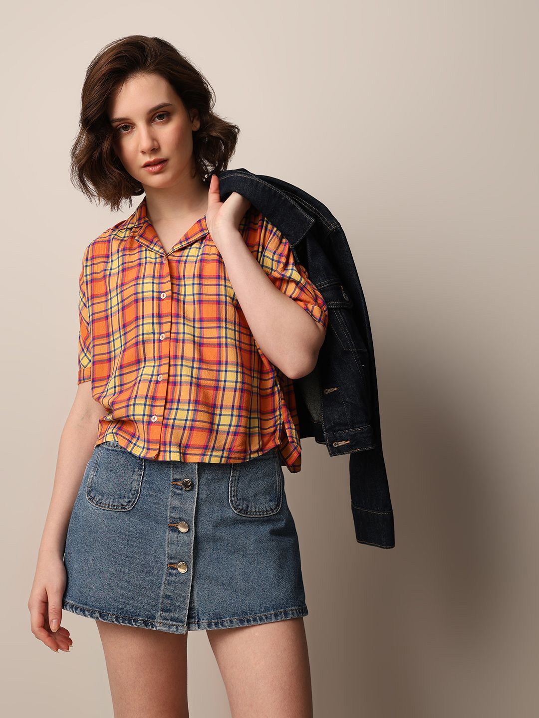 

ONLY Women Tartan Checks Spread Collar Casual Shirt, Orange