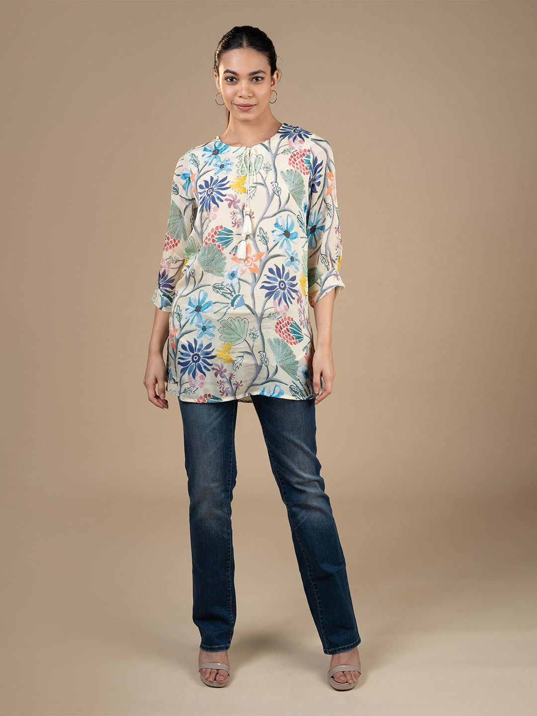 

Vividha creation Floral Printed Kurti, Cream