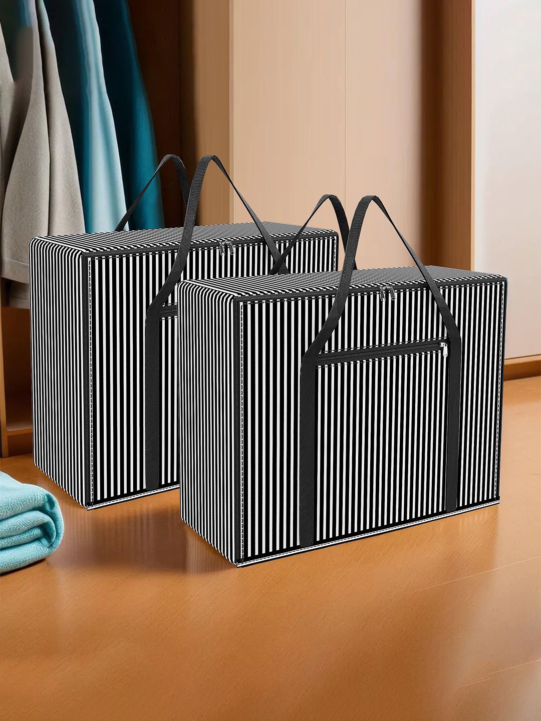 

Kuber Industries Black & White 2 Pieces Striped Multi-Utility Organisers