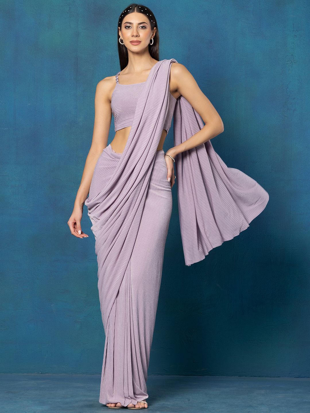

Rang by Indya Striped Ready to Wear Saree with Blouse, Purple