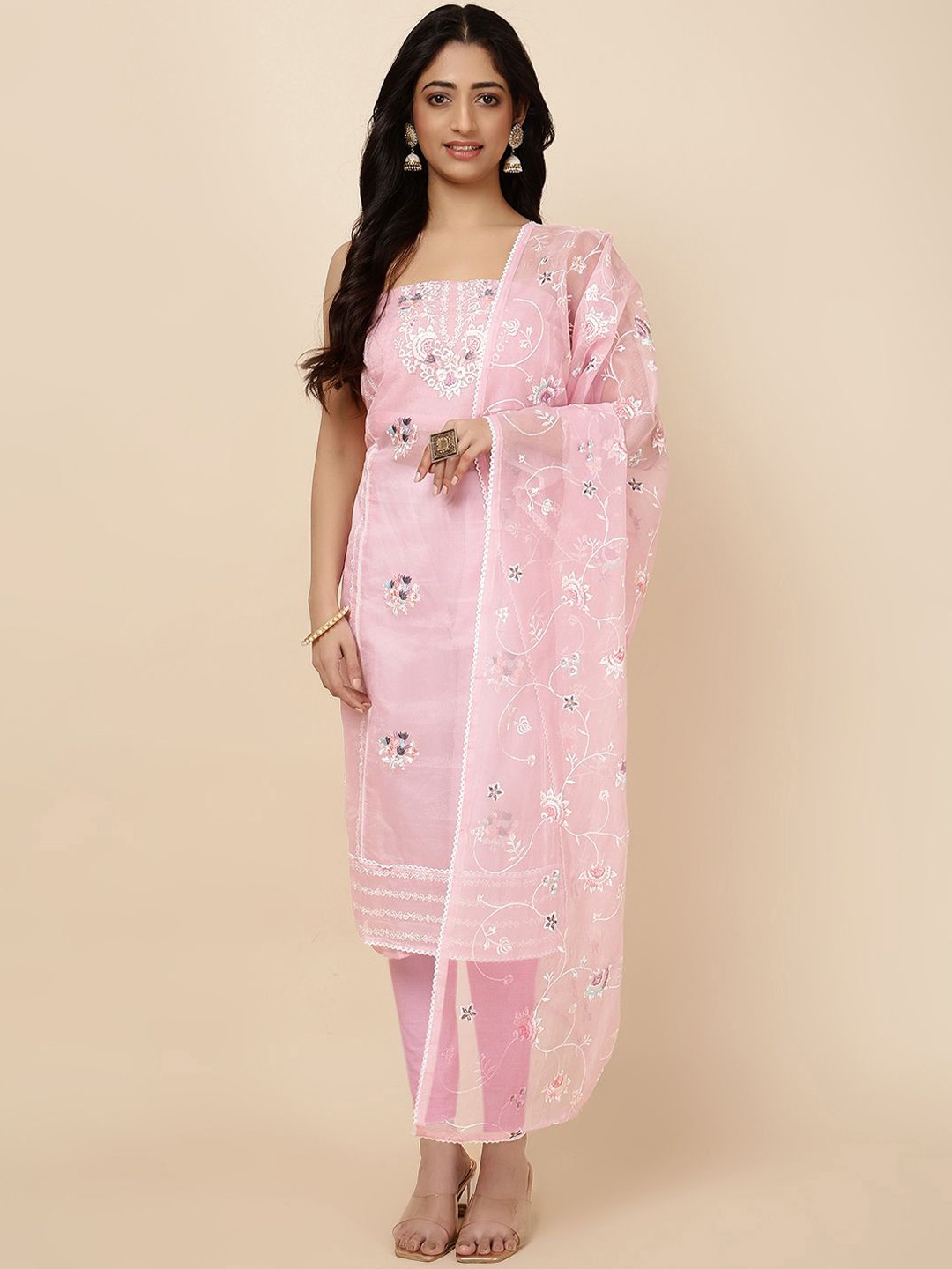 

Meena Bazaar Floral Embroidered Unstitched Dress Material, Pink