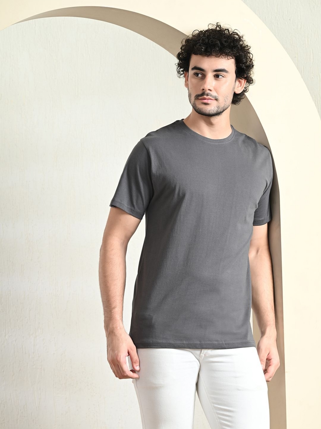 

FITINC Men Bio Finish Solid Round Neck Cotton T-shirt, Charcoal