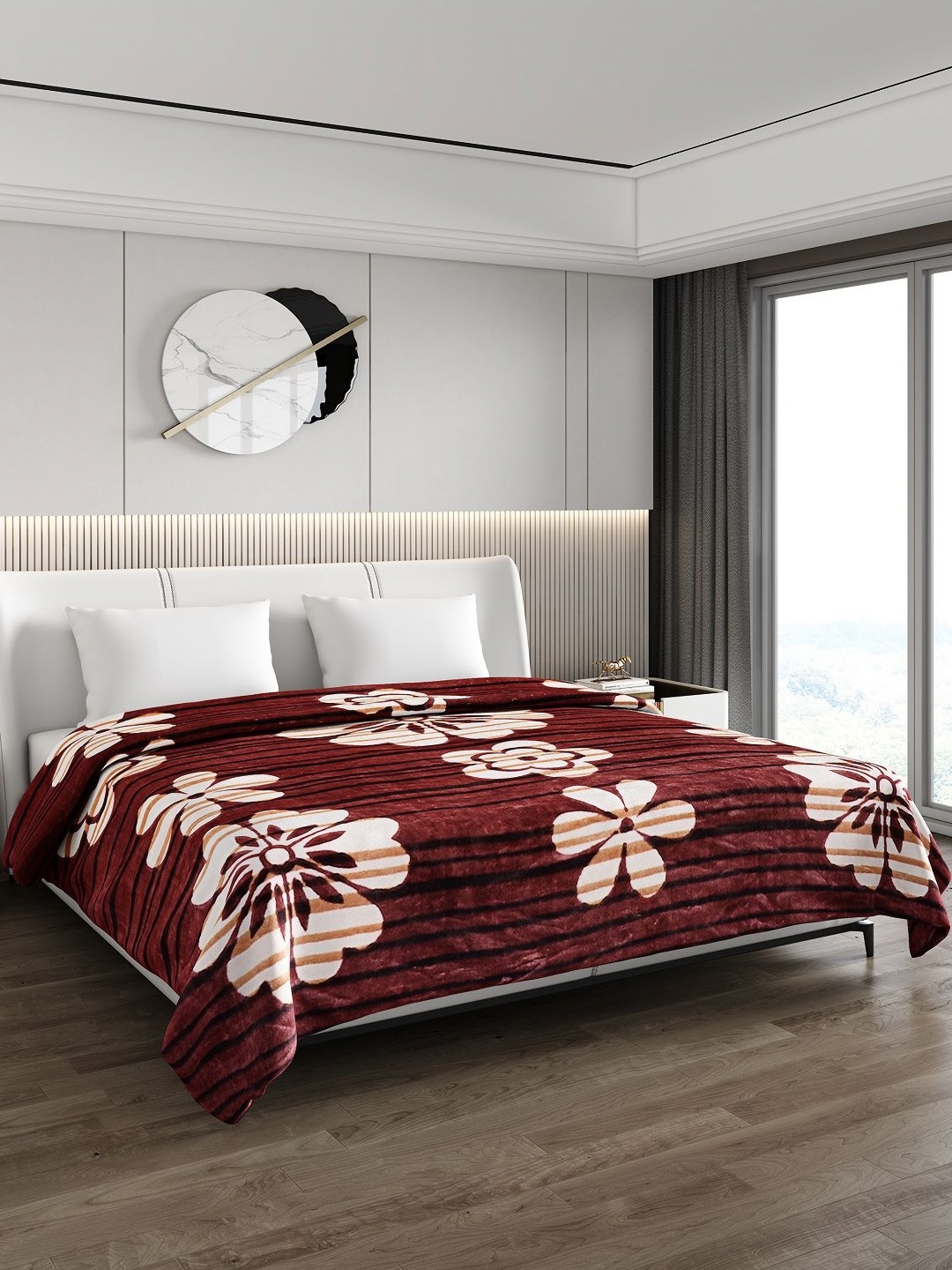 

Monte Carlo Maroon & White Floral Mild Winter 550 GSM Double Bed Blanket