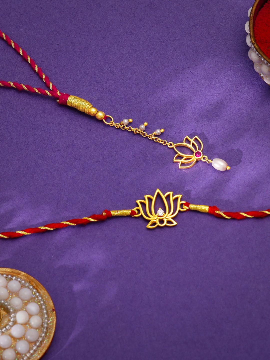 

GIVA 925 Sterling Silver Set Of 2 Gold-Plated Threaded Rakhis With Roli & Chawal
