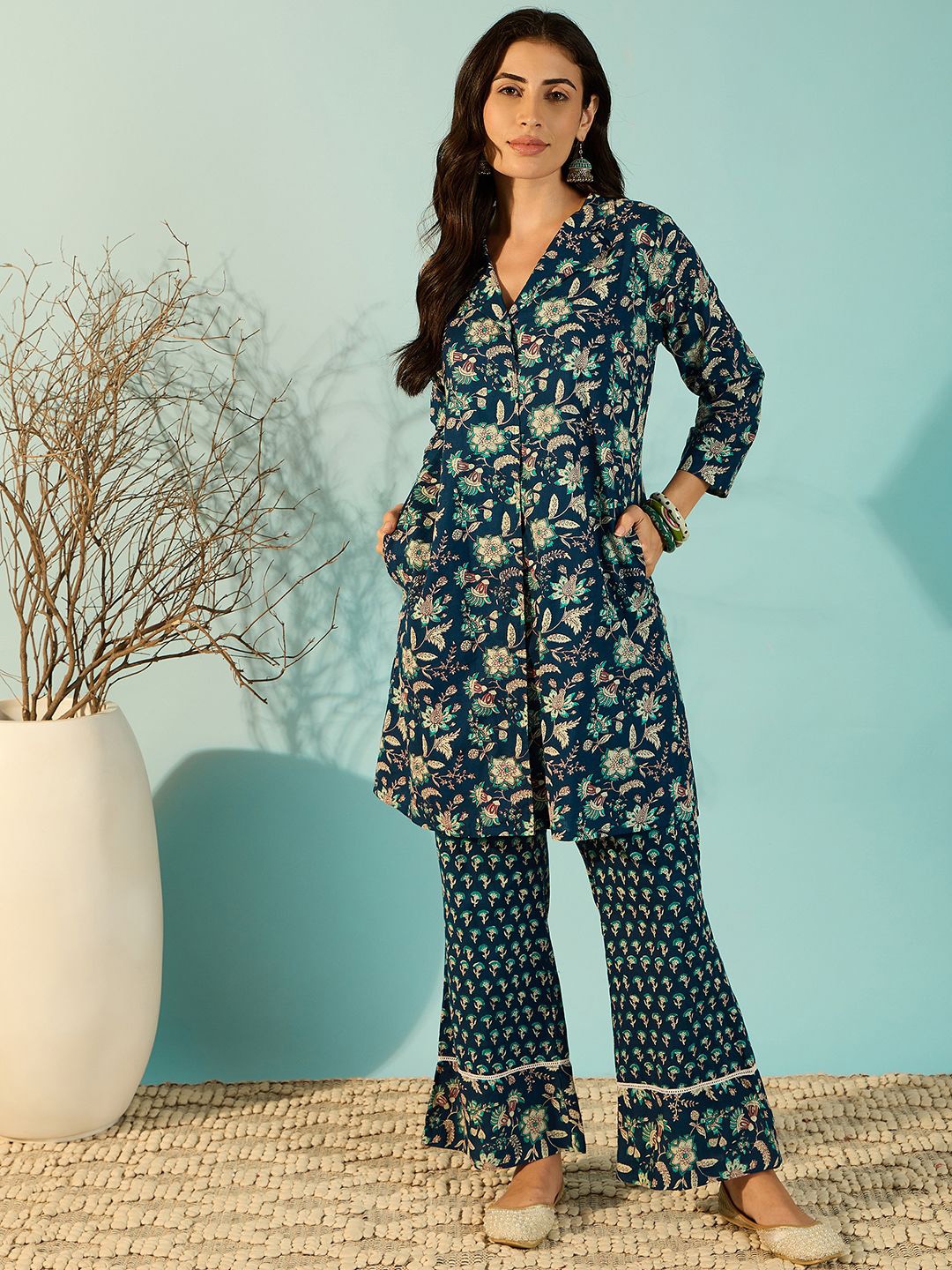 

The Kaftan Company Printed Pure Cotton Shirt With Trousers Co-Ords, Navy blue
