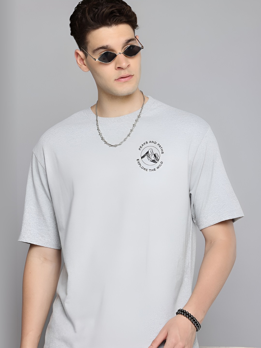 

R.Code by The Roadster Life Co. Men Solid V-Neck Cotton Oversized T-shirt, Grey
