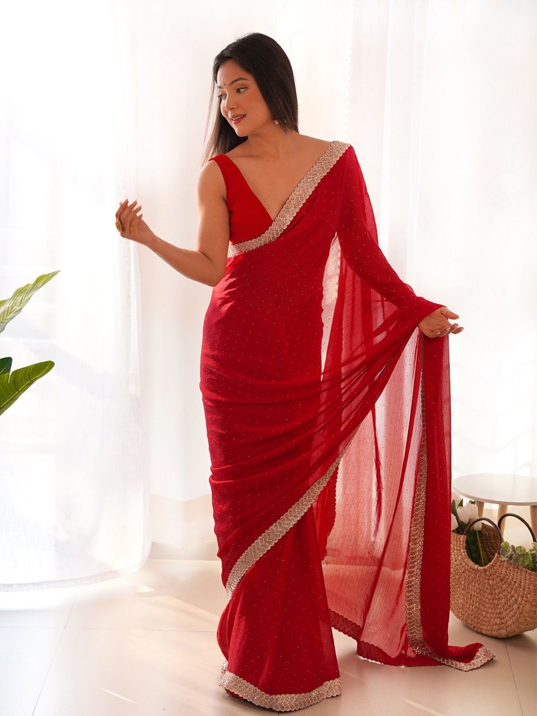 

Kalista Embellished Beads and Stones Satin Saree, Red