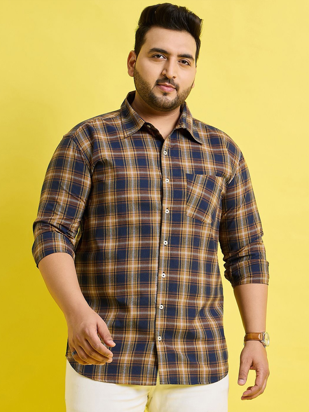 

bigbanana Men Tartan Checks Plus Size Pure Cotton Casual Shirt, Navy blue