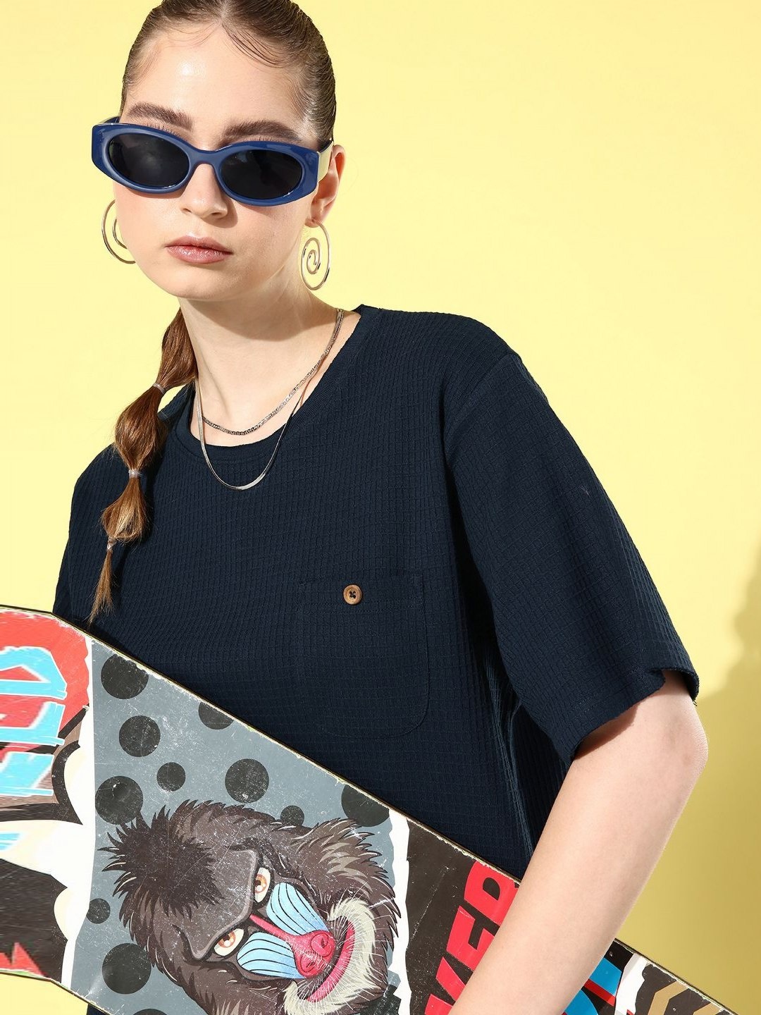 

DILLINGER Women Self Design Round Neck Cotton Oversized T-shirt, Navy blue