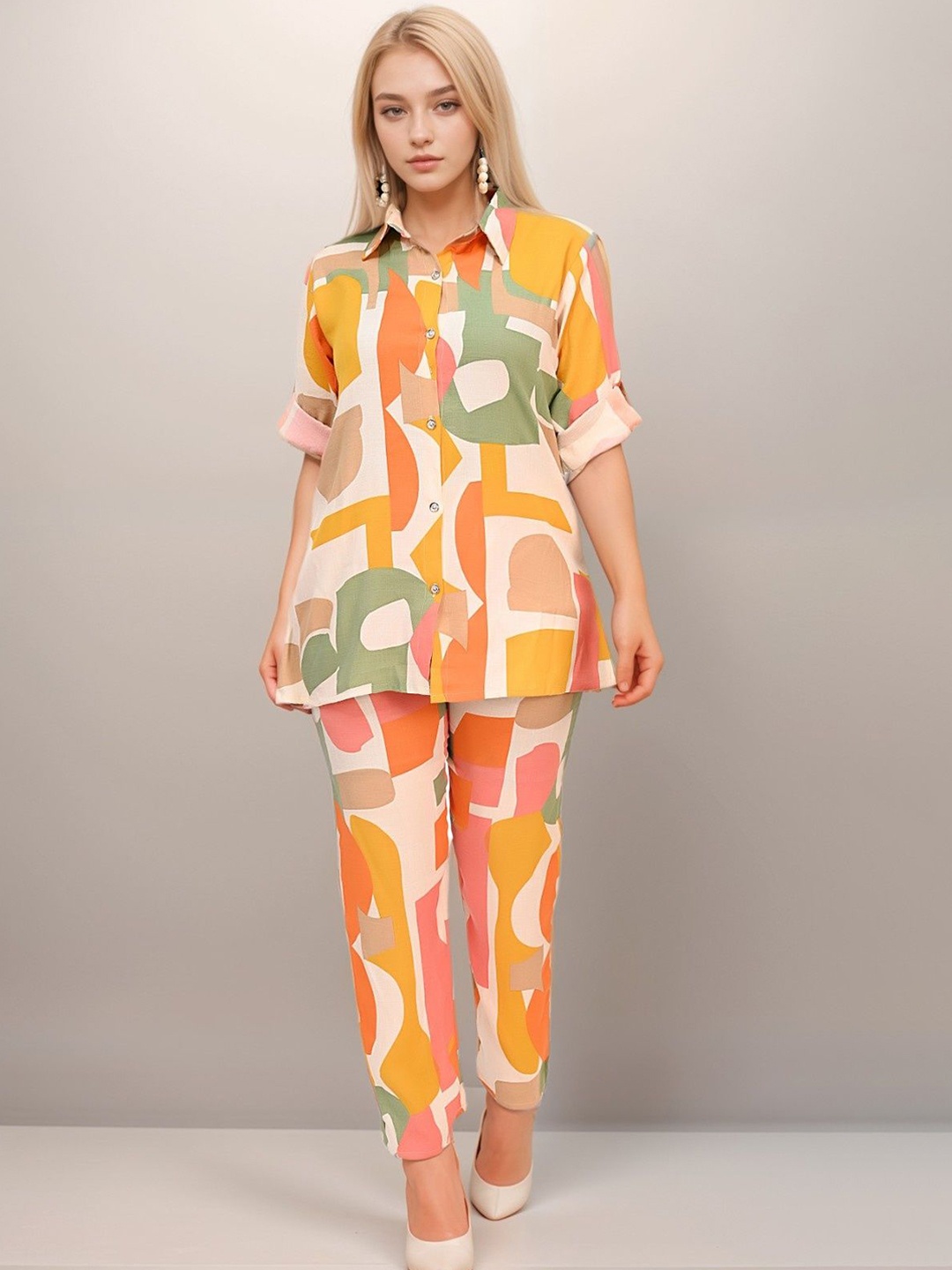 

BAESD Geometric & Abstract Printed Shirt With Palazzo Co-Ord, Orange