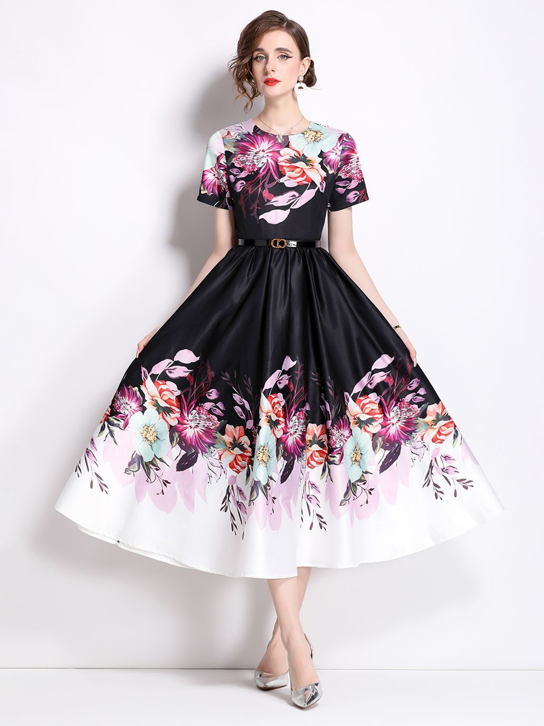 

JC Collection Floral Printed Fit & Flare Midi Dress, Black