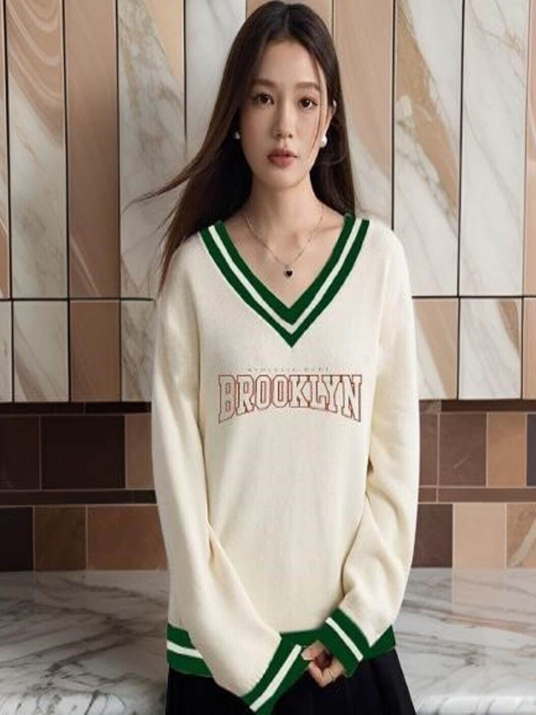 

CLAFOUTIS Women Typography Printed V-Neck Oversized T-shirt, White