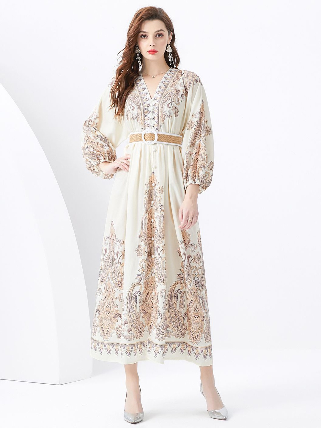 

JC Collection Printed V-Neck Puff Sleeve A-Line Midi Dress, Off white