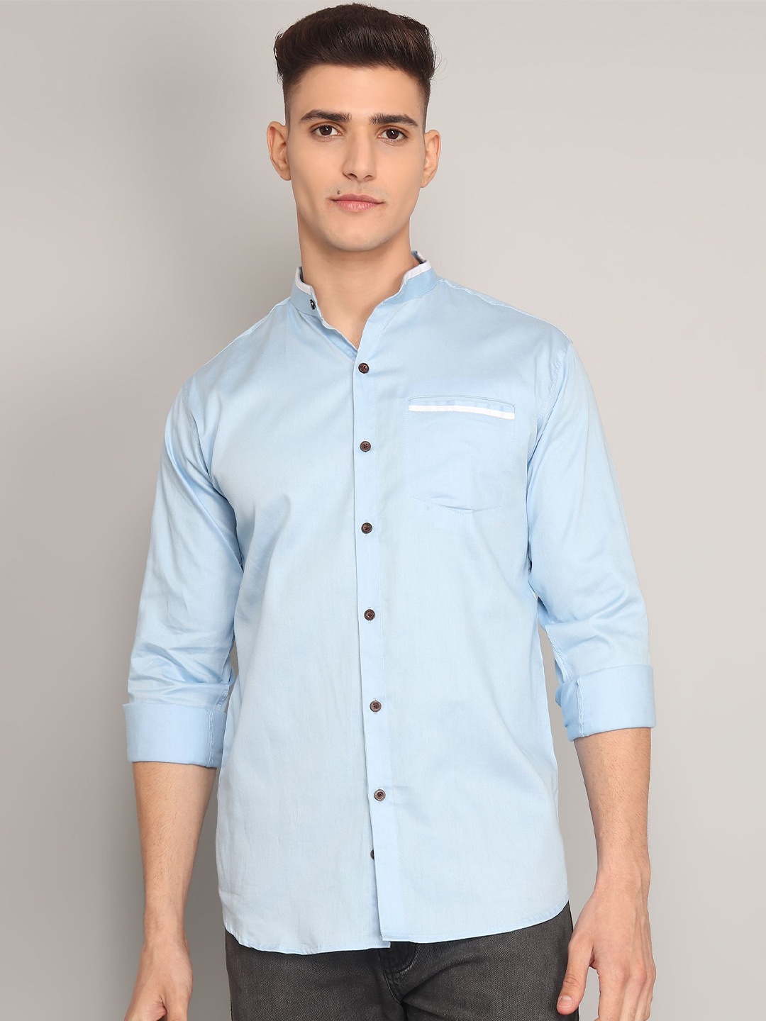 

TRYBUY.IN Men Band Collar Solid Cotton Semiformal Shirt, Turquoise blue