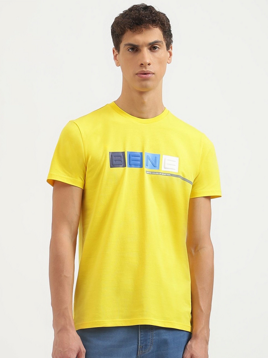 

United Colors of Benetton Men Typography Printed Pure Cotton Applique T-shirt, Yellow