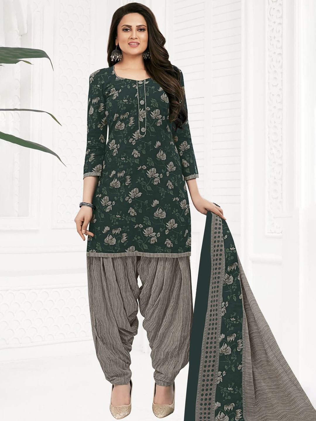 

MIRAAN Floral Printed Pure Cotton Unstitched Dress Material, Green