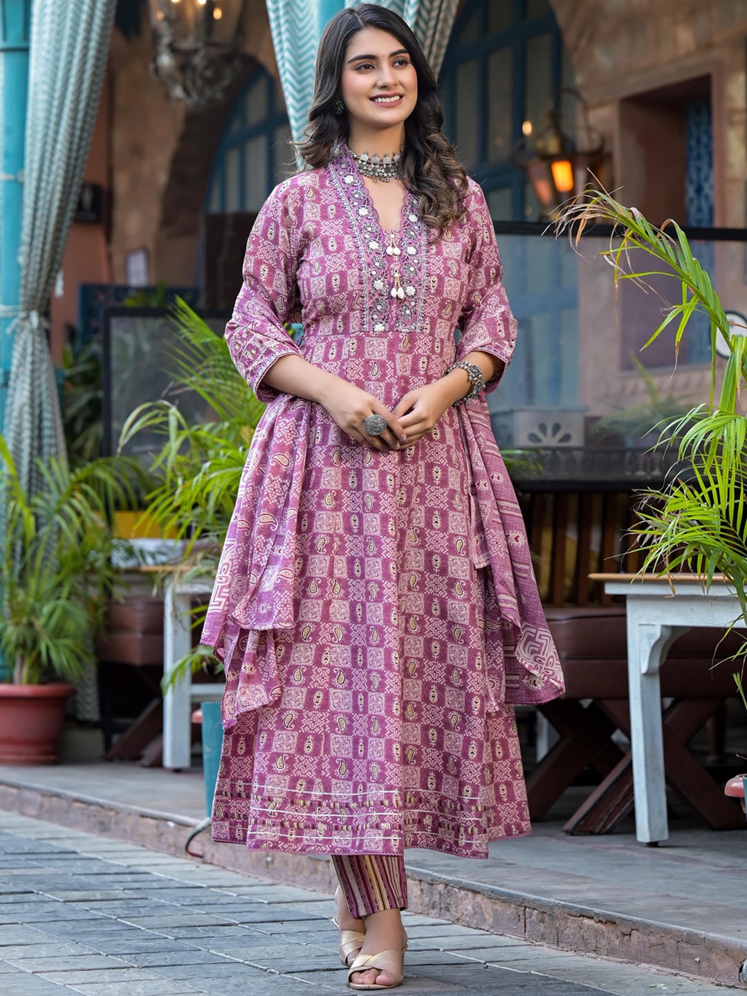 

KALINI Ethnic Motifs Embroidered Sequinned Anarkali Pure Cotton Kurta Trousers & Dupatta, Pink