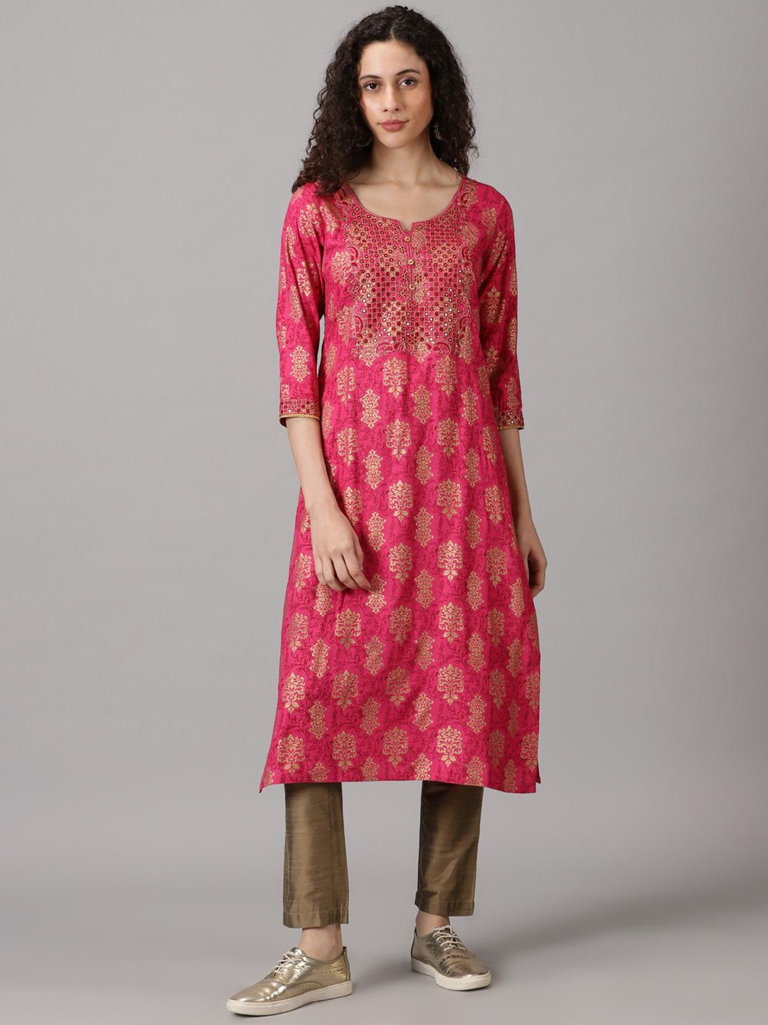 

Anouk Magenta Ethnic Motifs Printed Round Neck Mirror Work Straight Liva Kurta