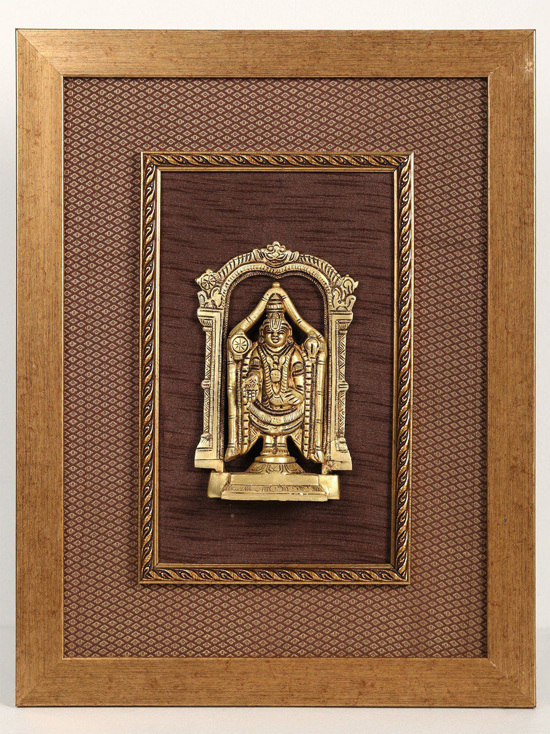

Exotic India 17" Wooden Framed Triputi Balaji with Wall Hanging, Gold