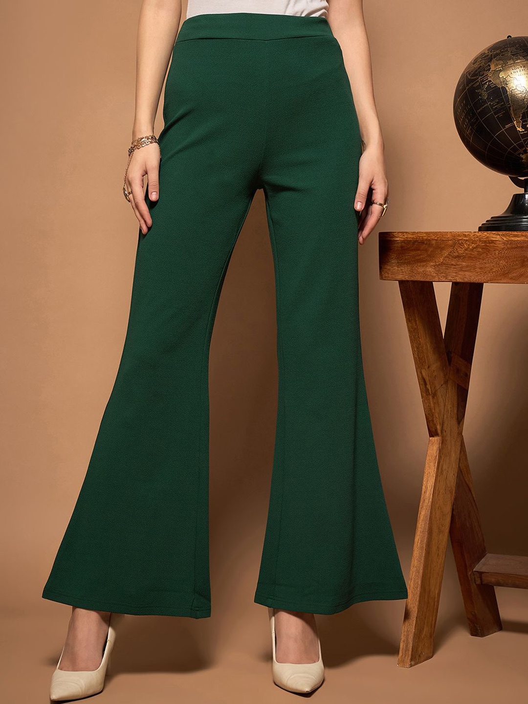 

Berrylush BIZwear Women Relaxed Flared Fit High-Rise Trousers, Green