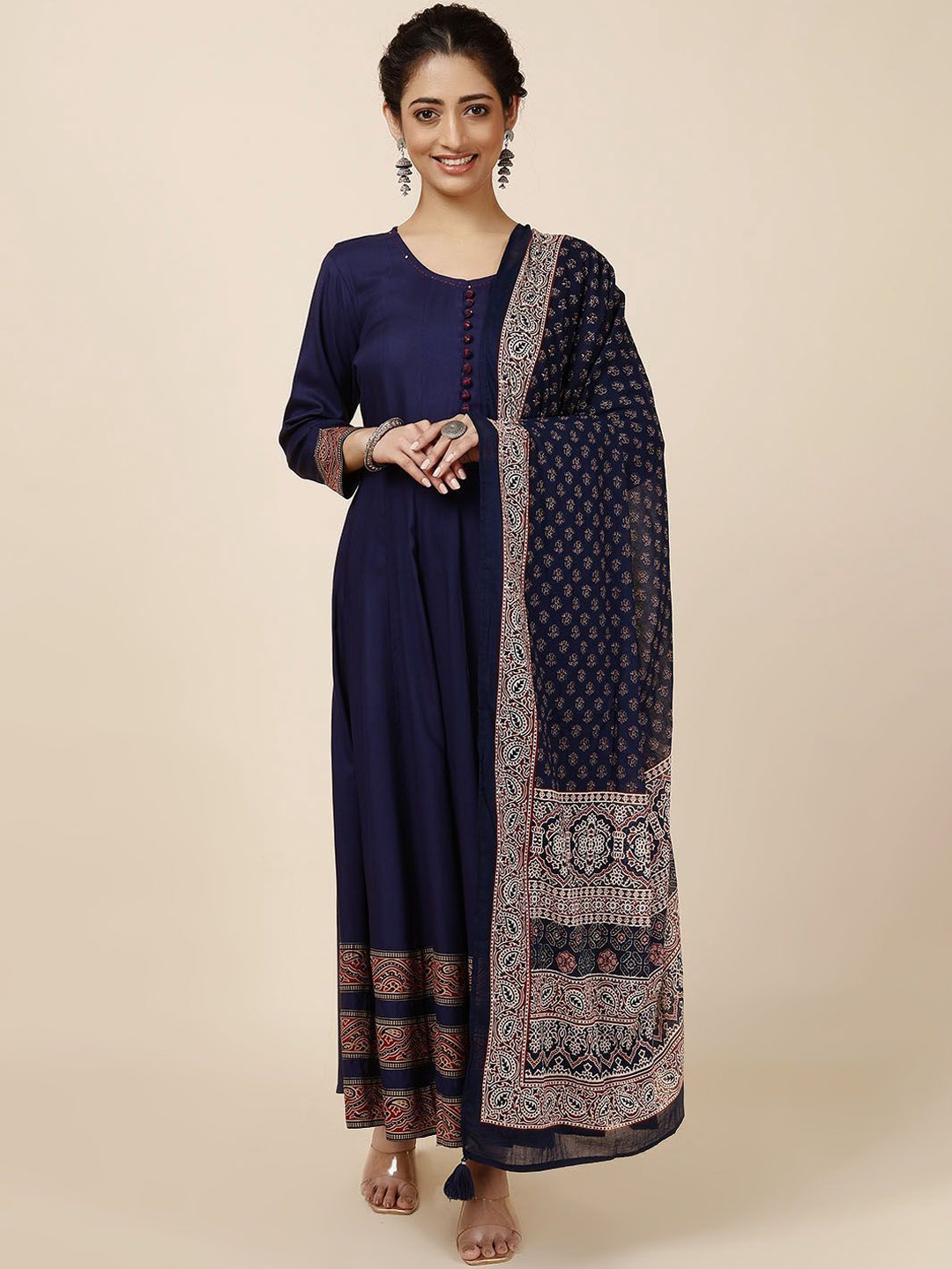 

Meena Bazaar Floral Printed Anarkali Kurta with Trousers & Dupatta, Navy blue