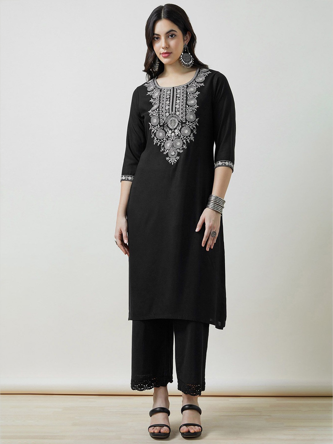 

Soch Women Rayon Embroidered Kurta With Thread Work, Black