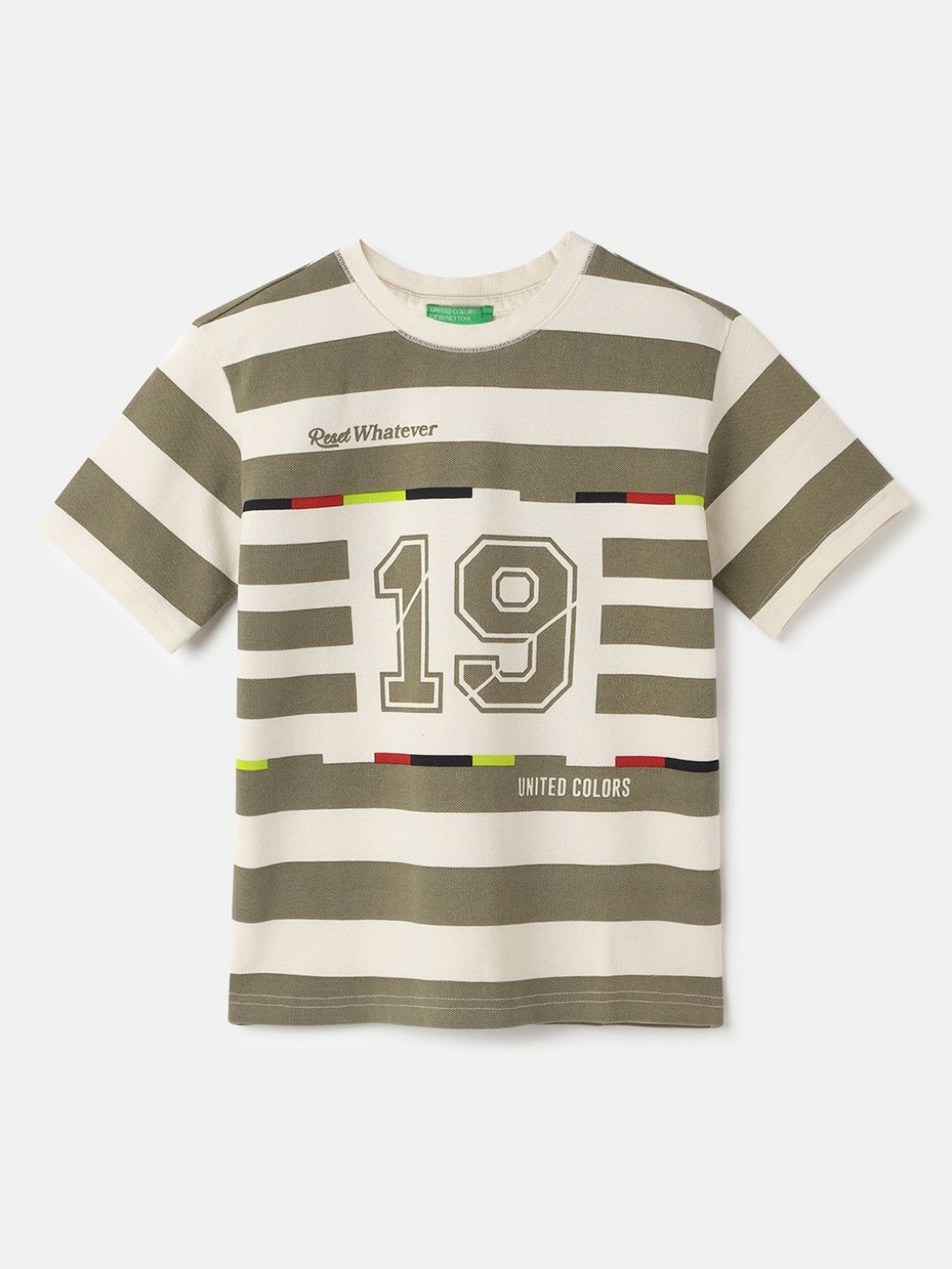 

United Colors of Benetton Boys Striped Pure Cotton Applique T-shirt, Green