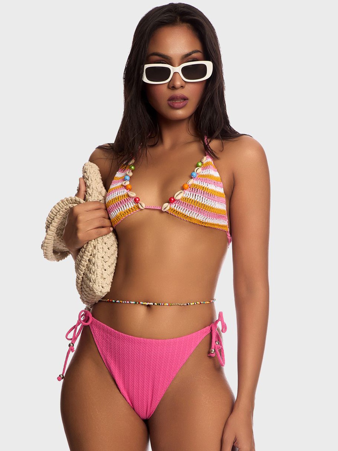 

Lemonlords Woven-Design Crochet Swim Bikini Bra, Pink