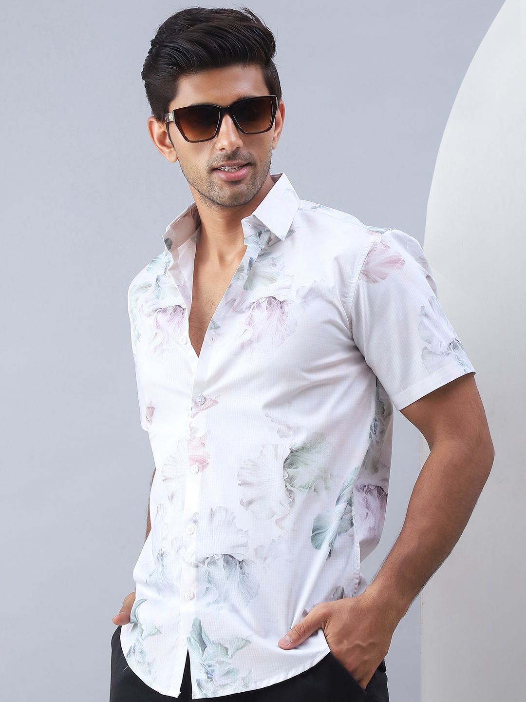 

Indian Needle Men Classic Spread Collar Printed Print Cotton Casual Shirt, White