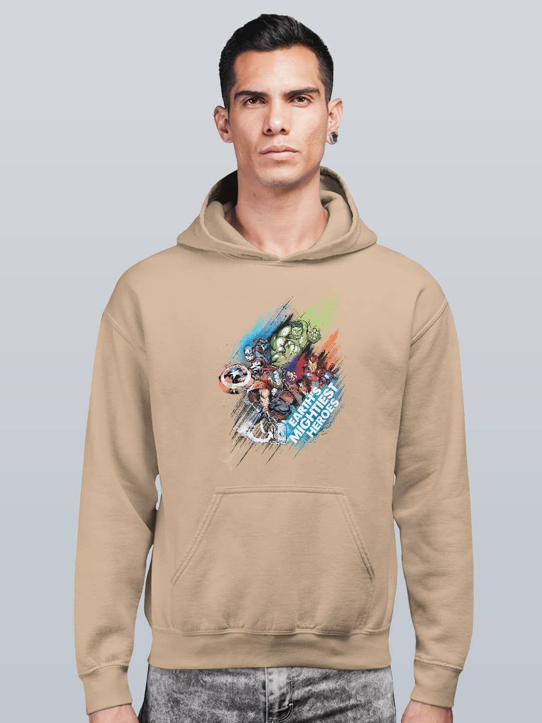

macmerise Men Printed Hooded Sweatshirt, Beige