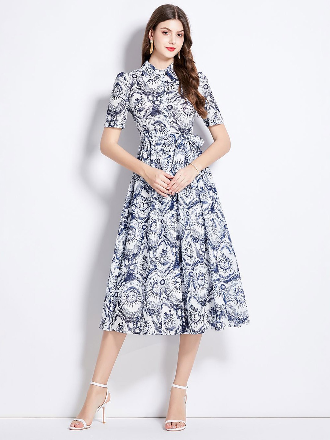 

JC Collection Printed Short Sleeves Shirt Midi Dress, Blue