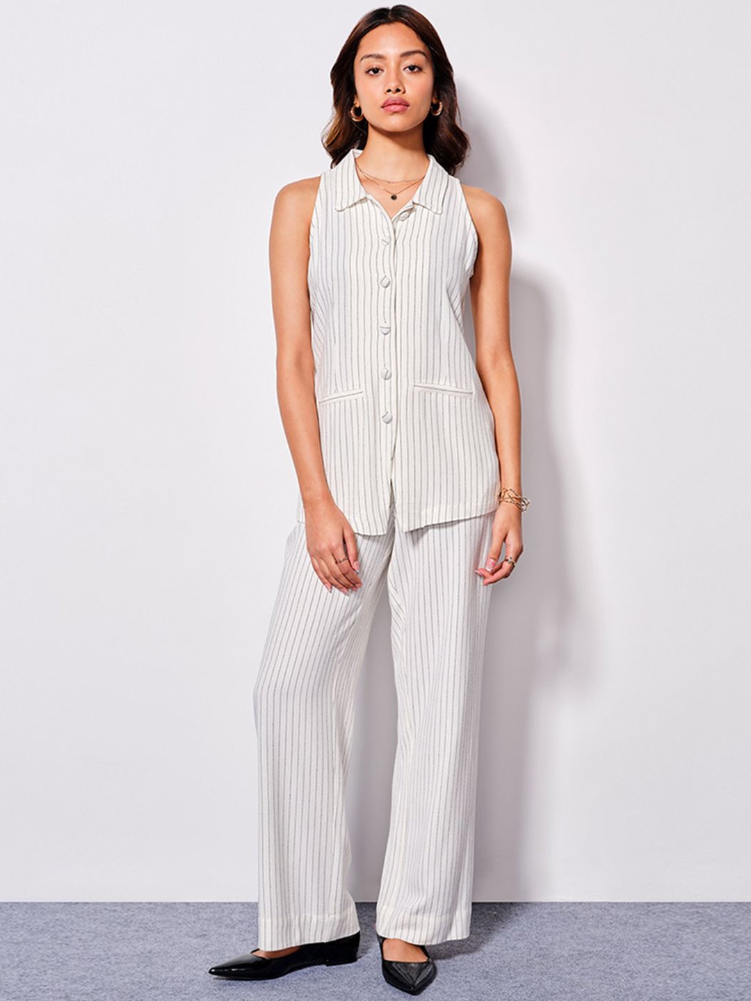 

AND Striped Sleeveless Linen Top & Trousers, White