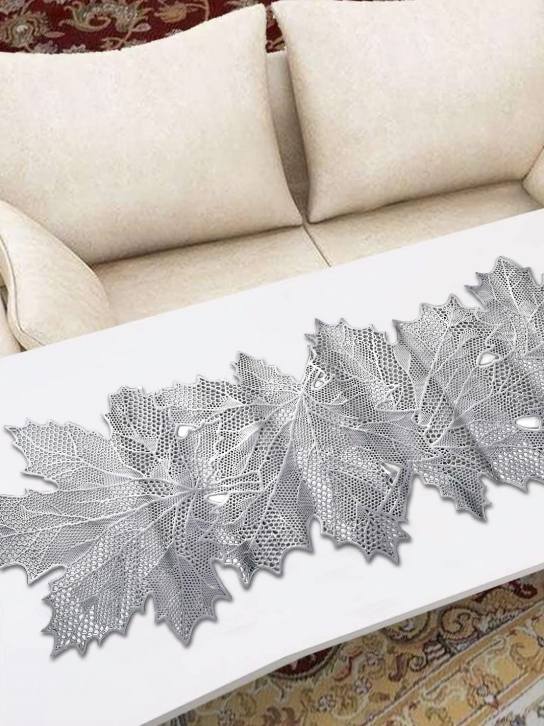 

GROKI Silver Toned Floral Textured Table Runner