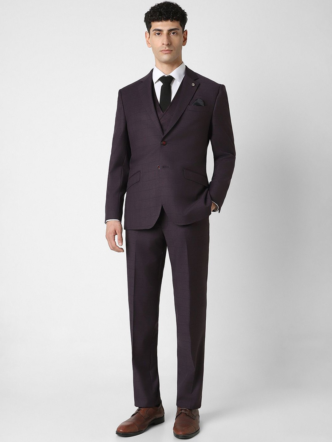 

Van Heusen Checked Double Vent Slim-Fit Single-Breasted 4-Piece Formal Suit, Brown