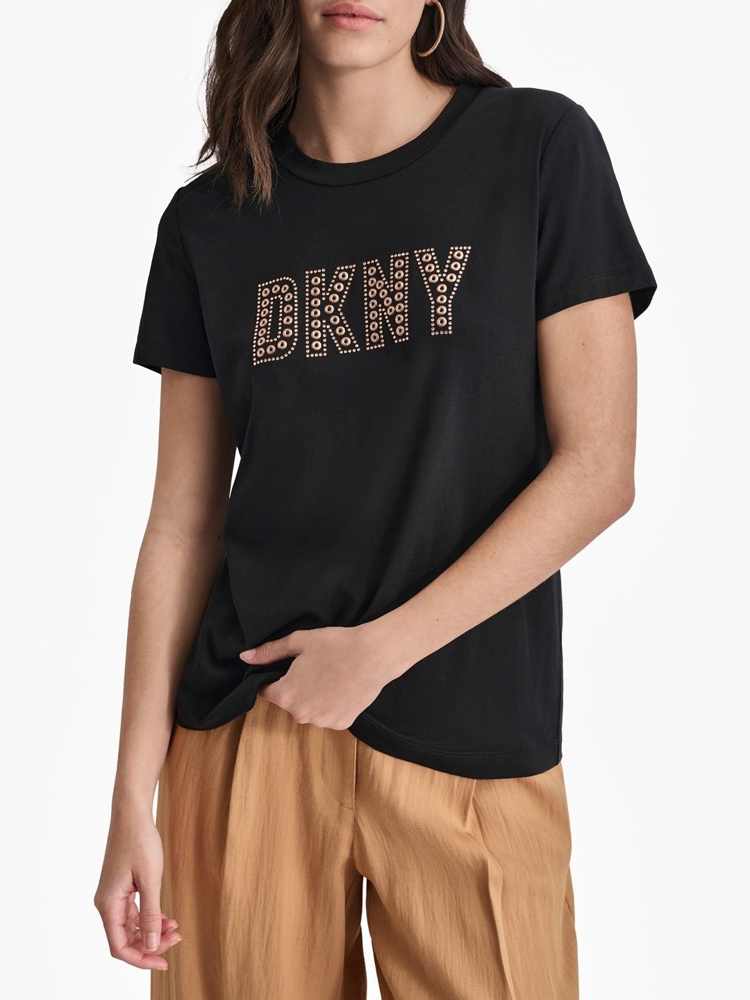 

DKNY Women Typography Pockets T-shirt, Black